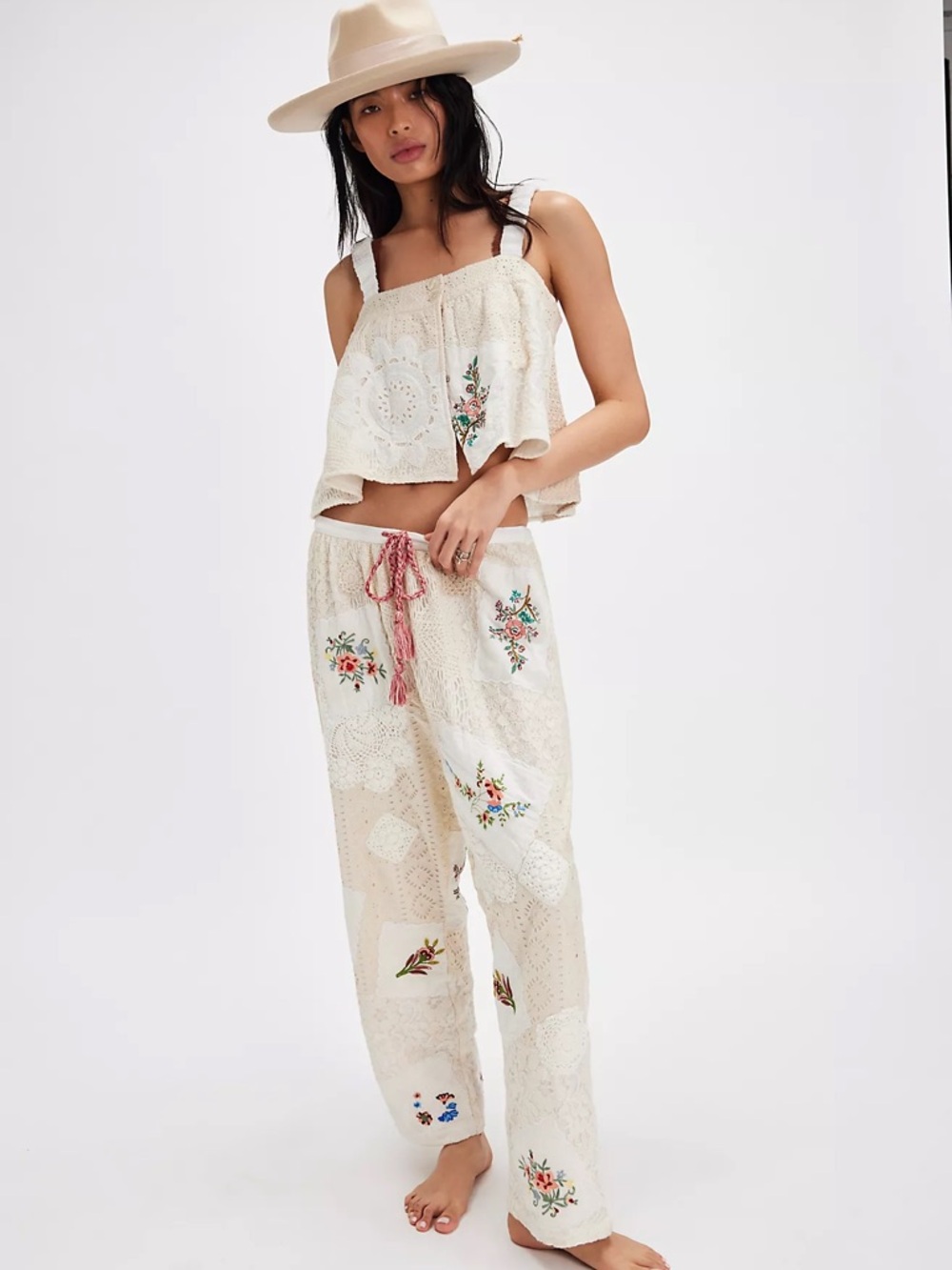 Free People My Darling Cream Embrodered Crop Top and Pants Set- Sold Out- NWT